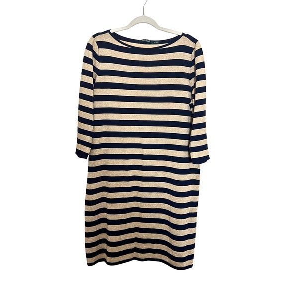 Ralph Lauren Navy & Gold Striped Knee Length Dress Size XL Preppy Party Holiday - Picture 1 of 9